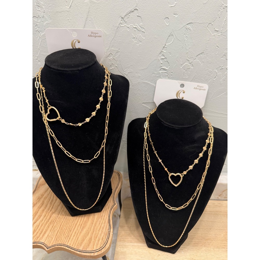 Charming Charlie'sGold Tone Layered Necklace Heart Charm Chain Set of 2